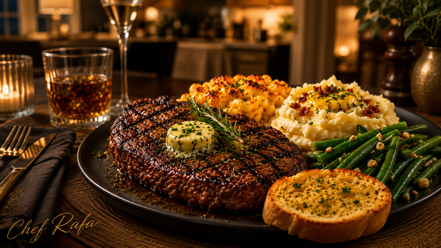 Chef Rafa Signature Steak Dinner — premium cut with loaded mashed potatoes, mac & cheese, green beans, and garlic bread